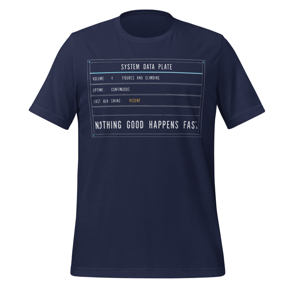 Nothing Good Happens Fast reef system data plate saltwater aquarium t-shirt — Navy, front