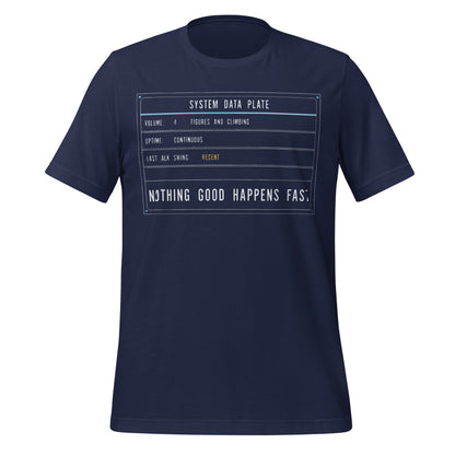 Nothing Good Happens Fast reef system data plate saltwater aquarium t-shirt — Navy, front