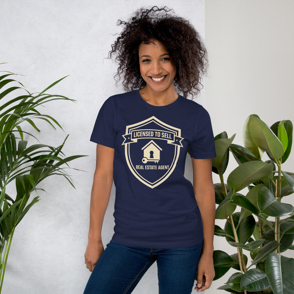 Licensed to Sell real estate agent tee — Navy, on model