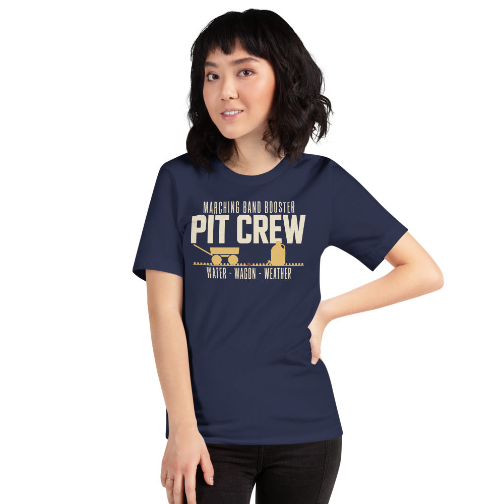 Pit Crew marching band booster t-shirt — Navy, on model