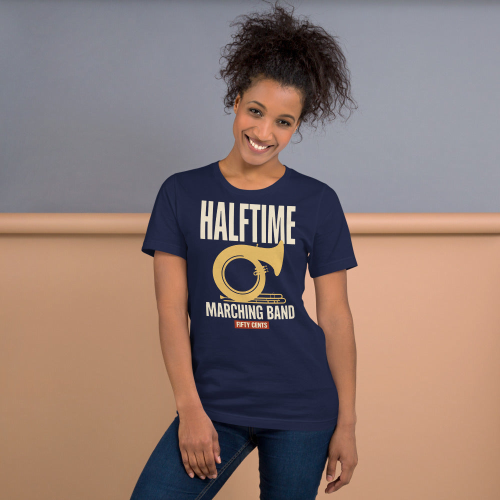 Official Halftime vintage marching band t-shirt — Navy, on model