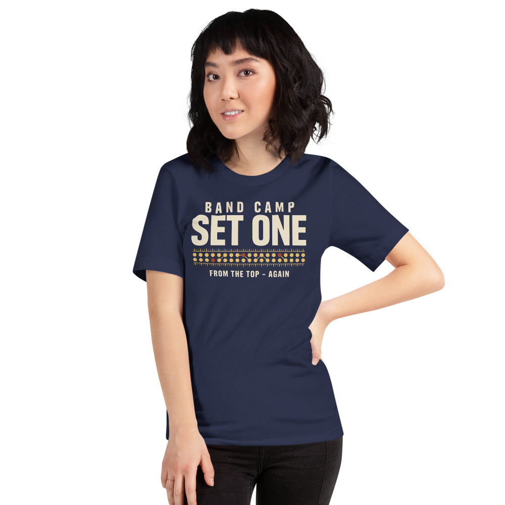 Set One marching band drill chart t-shirt — Navy, on model