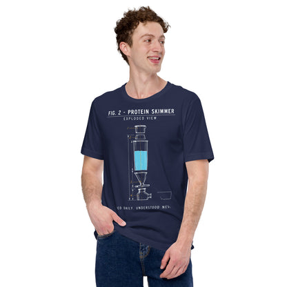 Protein Skimmer Exploded View reef tank saltwater aquarium t-shirt — Navy, on model