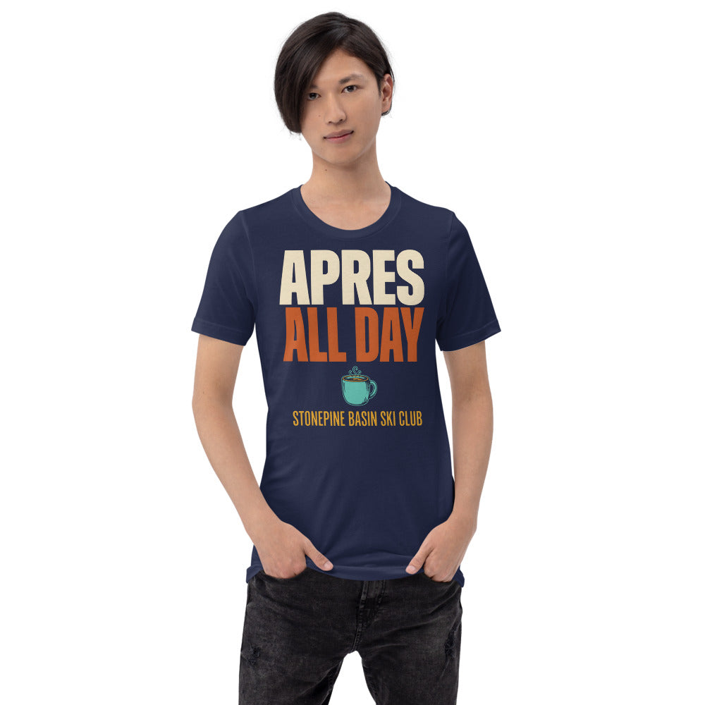 Après All Day Stonepine Basin Ski Club retro apres-ski t-shirt — Navy, on model