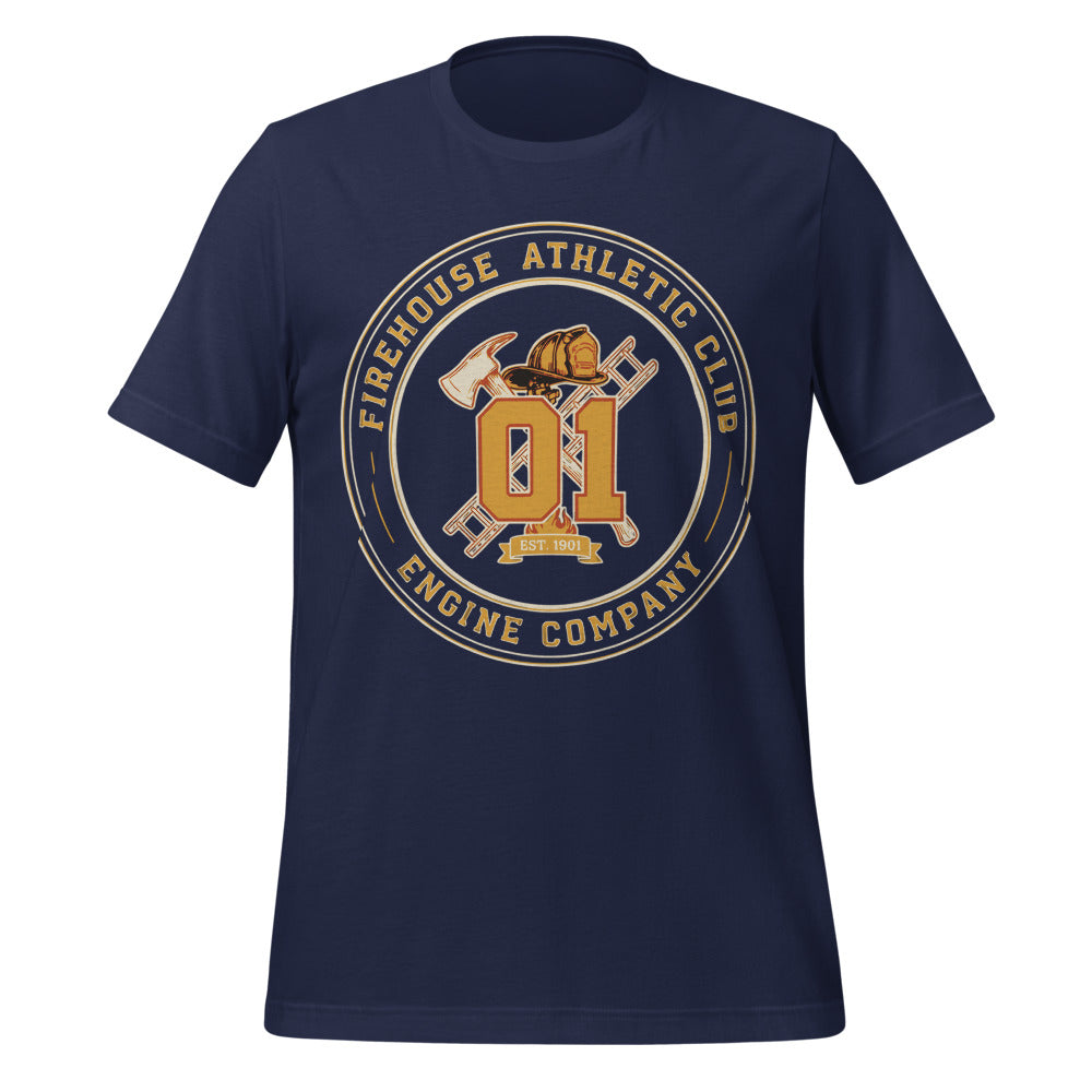 Firehouse Athletic Club retro firefighter emblem tee — Navy, front