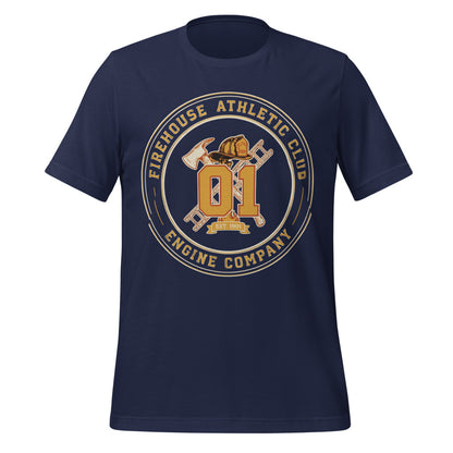 Firehouse Athletic Club retro firefighter emblem tee — Navy, front