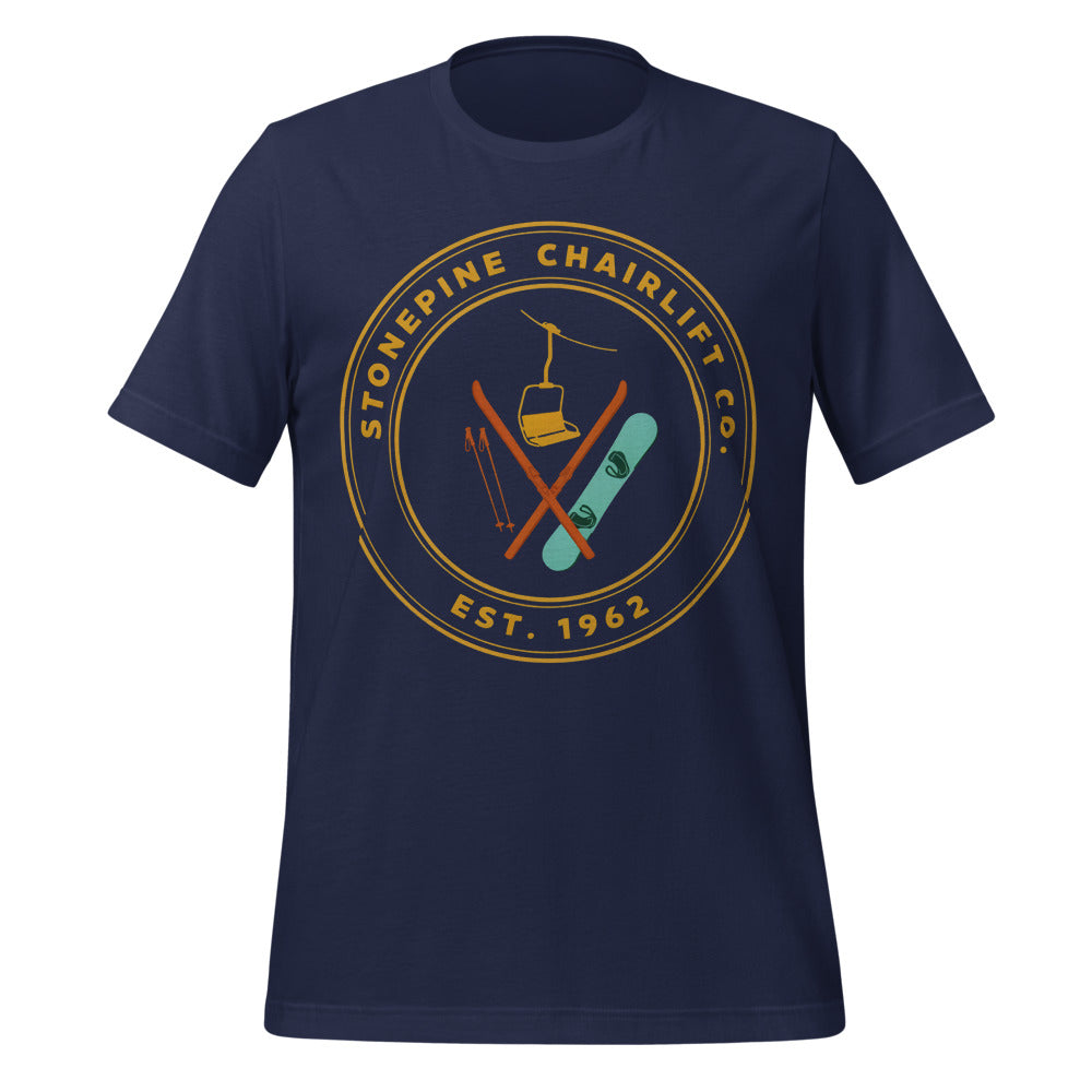 Stonepine Chairlift Co. retro vintage ski club badge t-shirt — Navy, front
