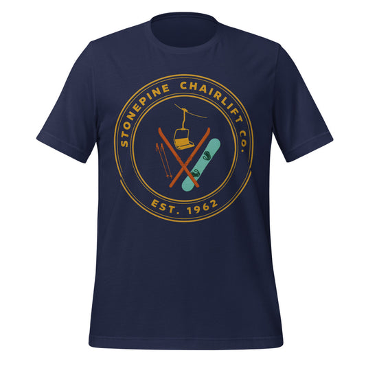 Stonepine Chairlift Co. retro vintage ski club badge t-shirt — Navy, front
