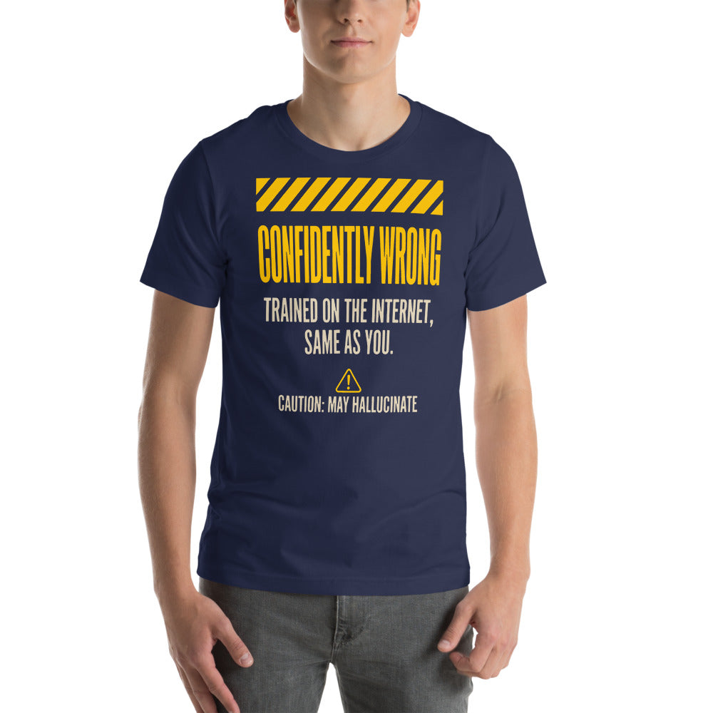 Confidently Wrong AI hazard-label unisex t-shirt — Navy, on model