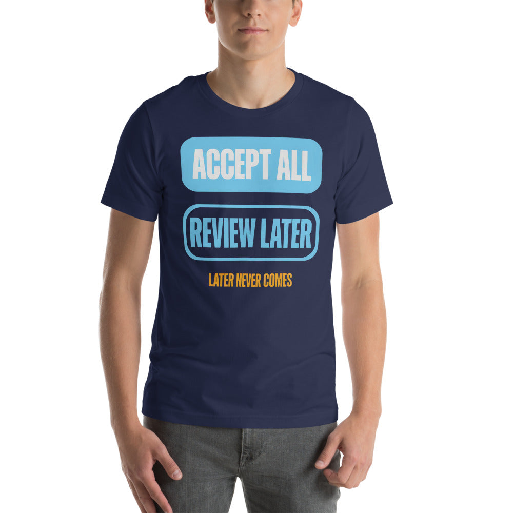 Accept All Review Later tee — Navy, on model