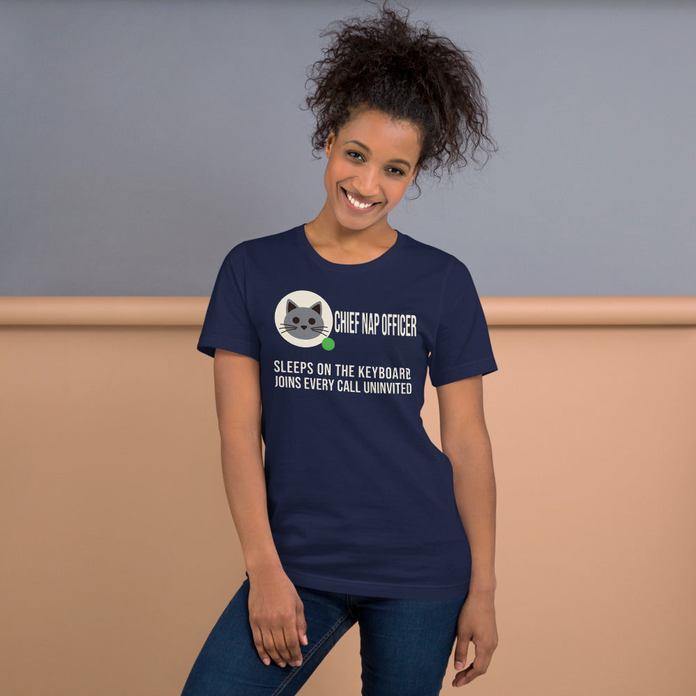 Chief Nap Officer cat profile card unisex t-shirt — Navy, on model
