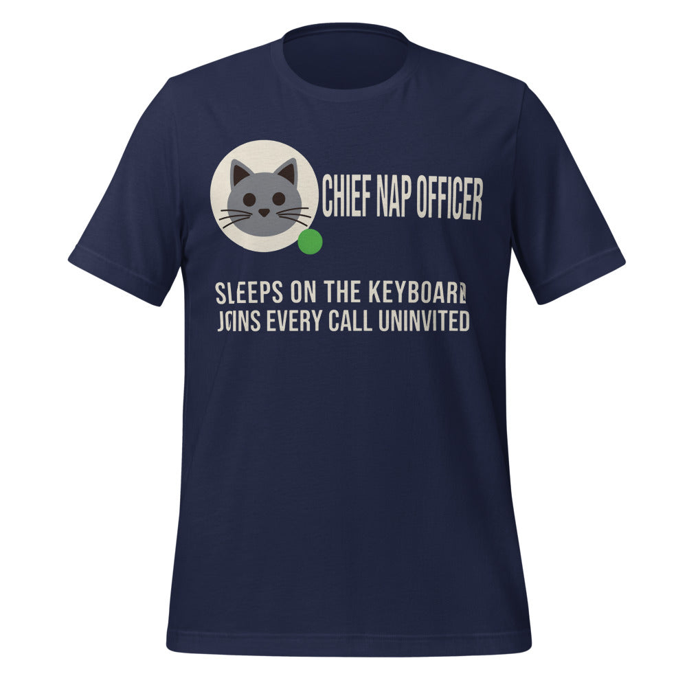 Chief Nap Officer cat profile card unisex t-shirt — Navy, front
