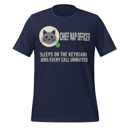 Chief Nap Officer cat profile card unisex t-shirt — Navy, front