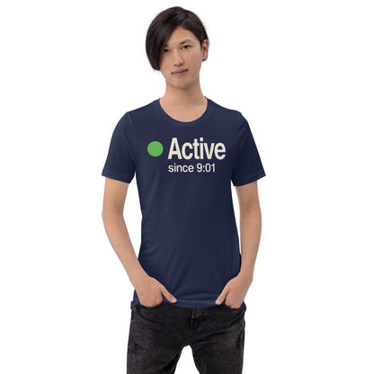 Active Since 9:01 presence status unisex t-shirt — Navy, on model