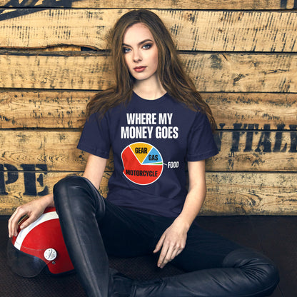 Where My Money Goes funny motorcycle tee — Navy, on model