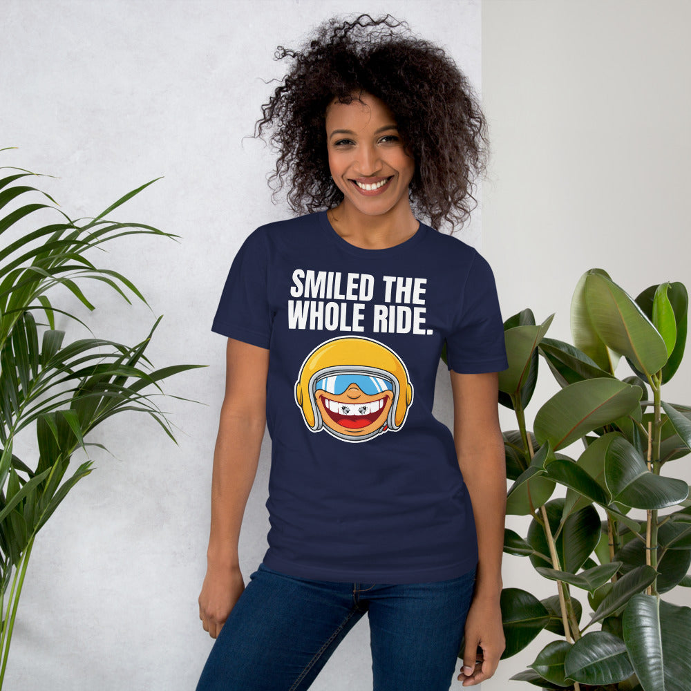 Smiled The Whole Ride funny motorcycle tee — Navy, on model