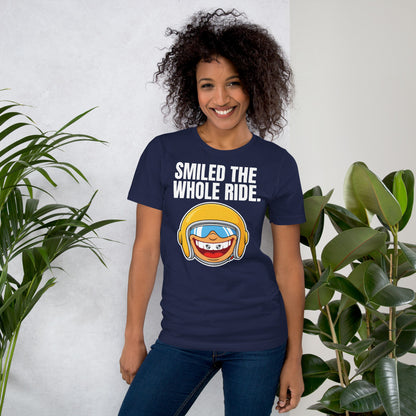 Smiled The Whole Ride funny motorcycle tee — Navy, on model