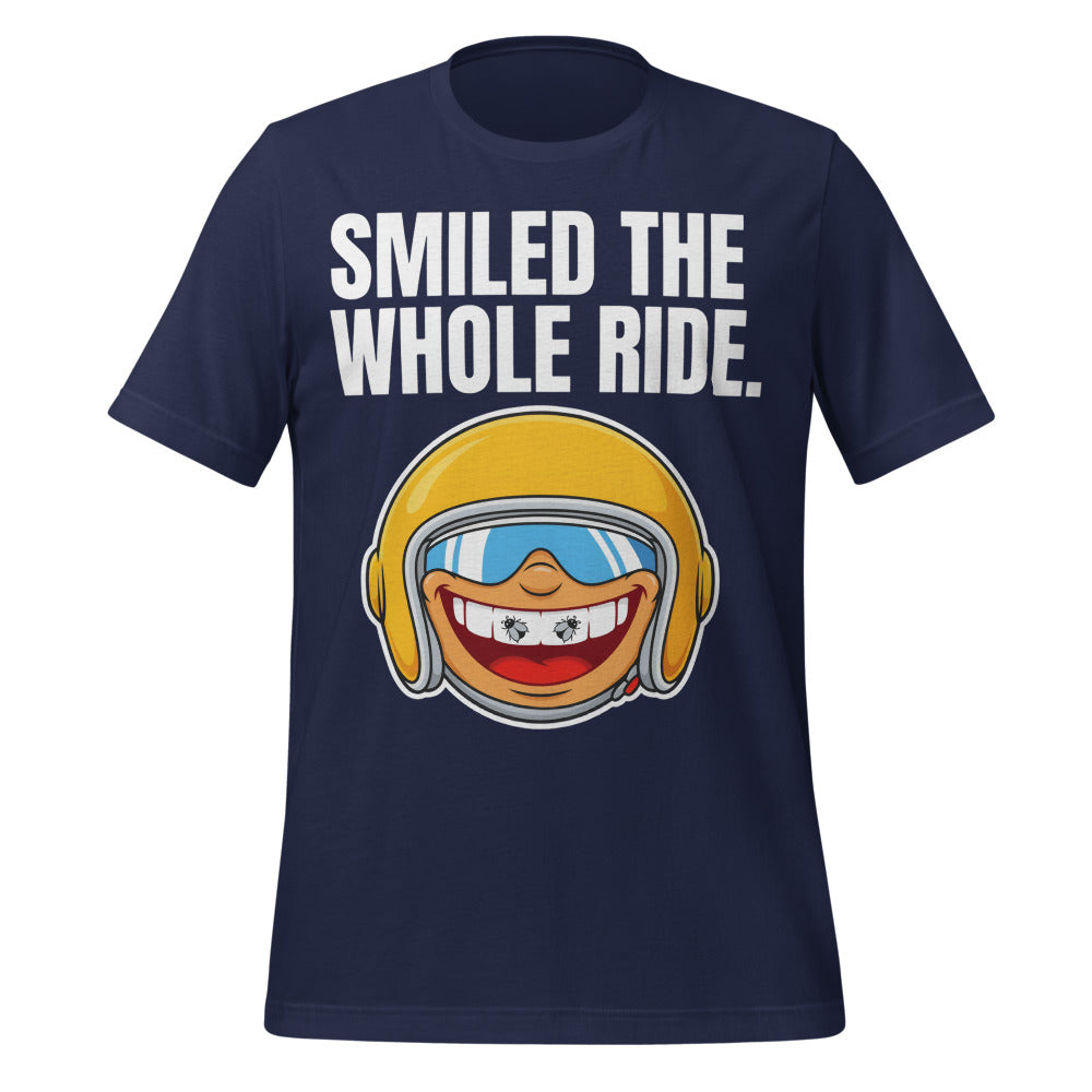 Smiled The Whole Ride funny motorcycle tee — Navy, front