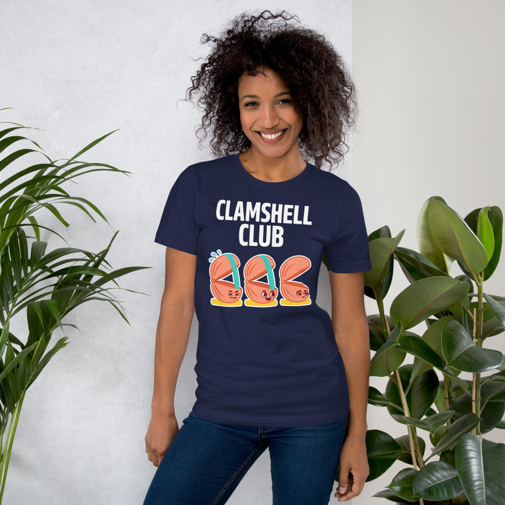 Clamshell Club funny physical therapy tee — Navy, on model