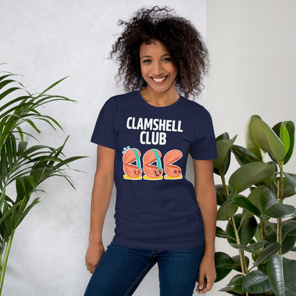 Clamshell Club funny physical therapy tee — Navy, on model