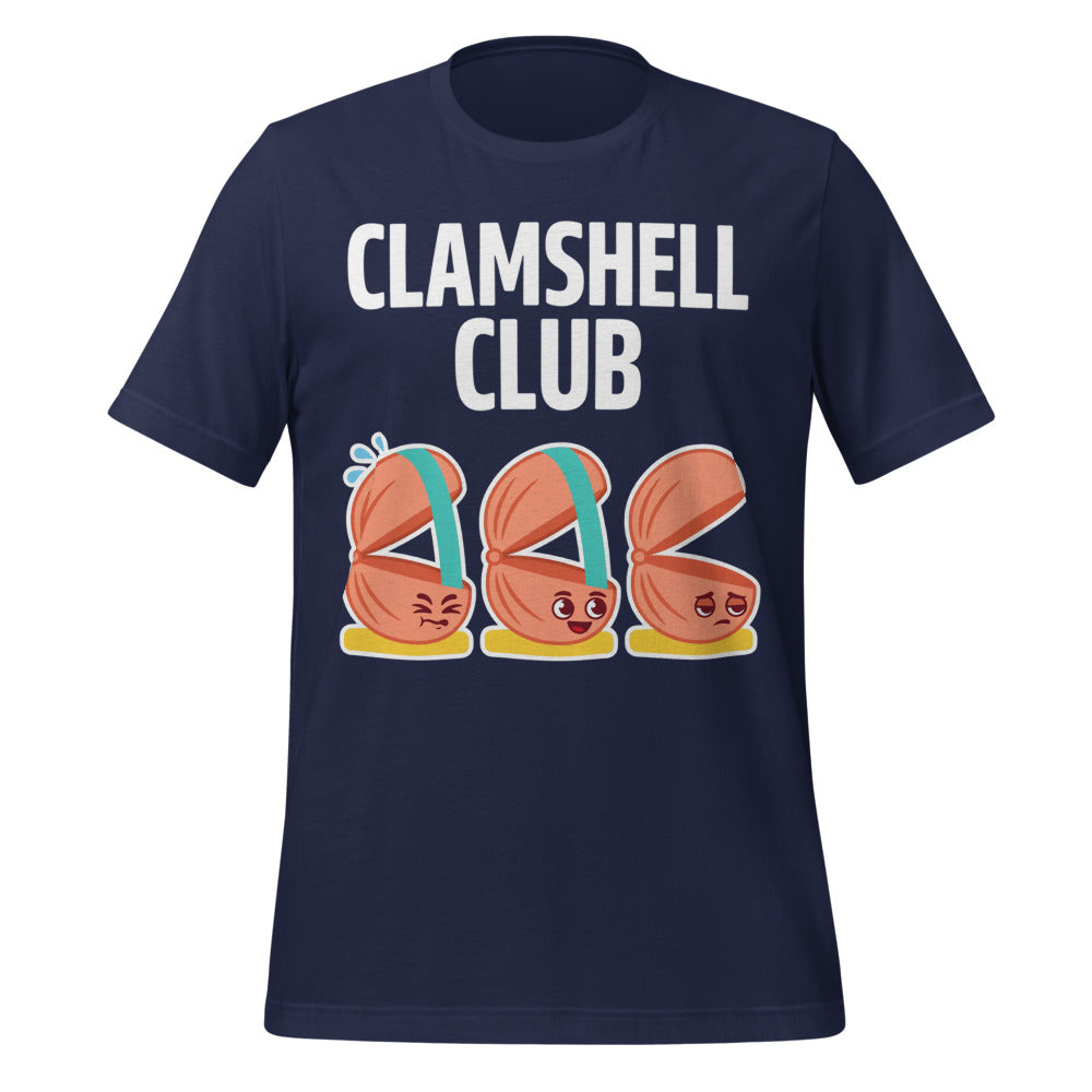 Clamshell Club funny physical therapy tee — Navy, front