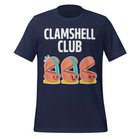 Clamshell Club funny physical therapy tee — Navy, front