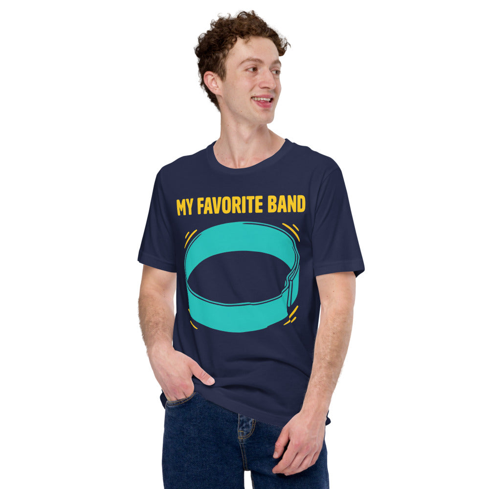 My Favorite Band funny physical therapy tee — Navy, on model