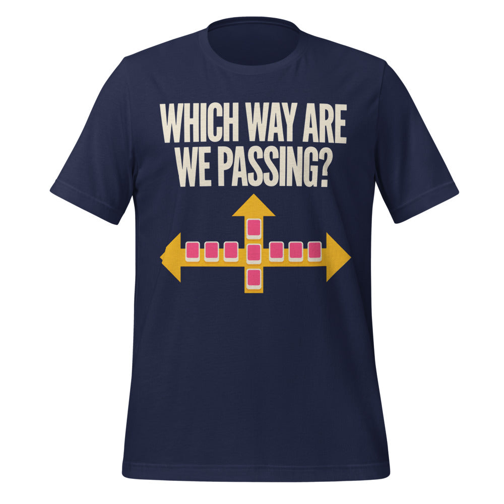 Which Way Are We Passing funny mahjong tee — Navy, front