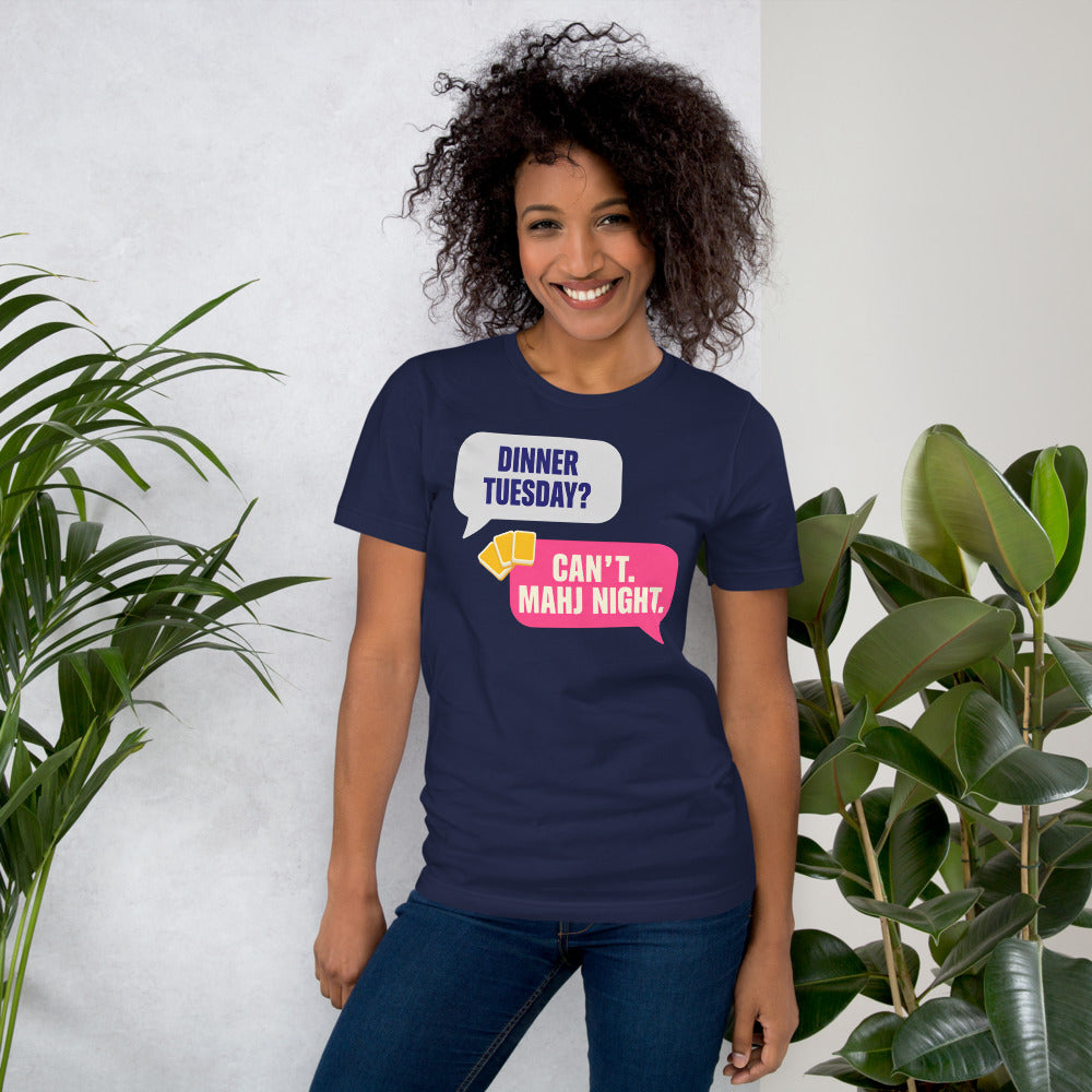 Mahj Night funny mahjong tee — Navy, on model