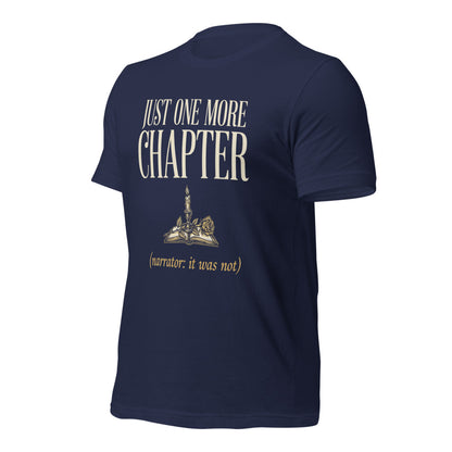 Just One More Chapter book lover dark academia tee — Navy, front right