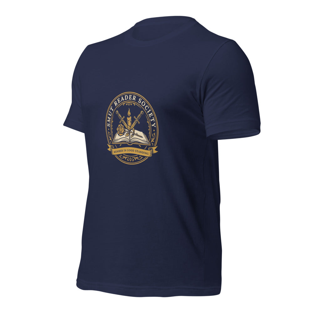 Smut Reader Society book lover dark academia tee — Navy, front-right