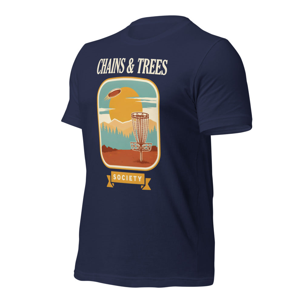 Chains & Trees Society disc golf retro landscape tee — Navy, front right