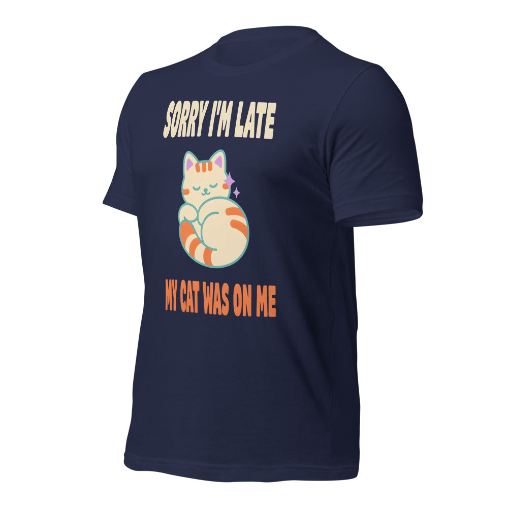Sorry I'm Late My Cat Was On Me funny cat mom t-shirt — Navy, front-right