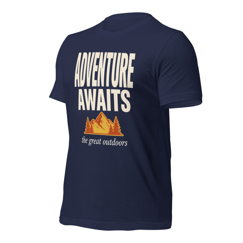 Adventure Awaits retro outdoors typography tee — Navy, front right
