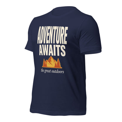 Adventure Awaits retro outdoors typography tee — Navy, front right