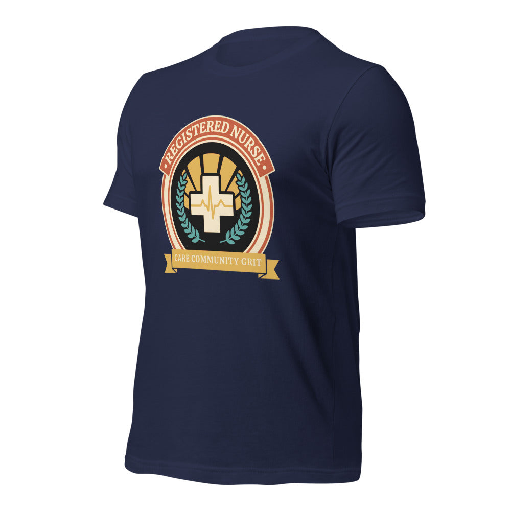 Registered Nurse vintage healthcare emblem badge tee — Navy, front-right