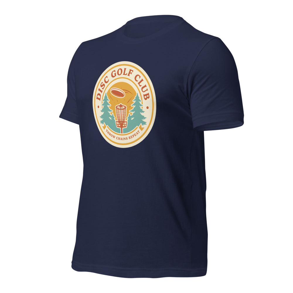 Disc Golf Club retro badge tee — Navy, front-right