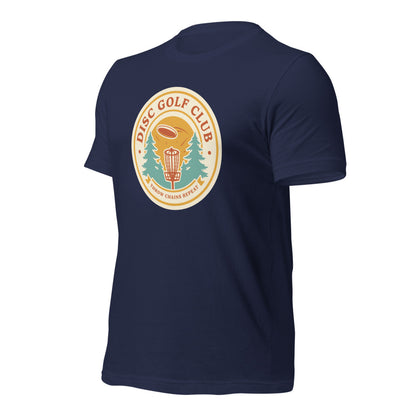 Disc Golf Club retro badge tee — Navy, front-right