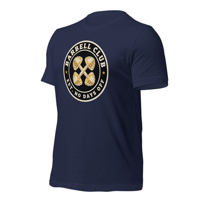 Barbell Club No Days Off vintage gym tee — Navy, front-right