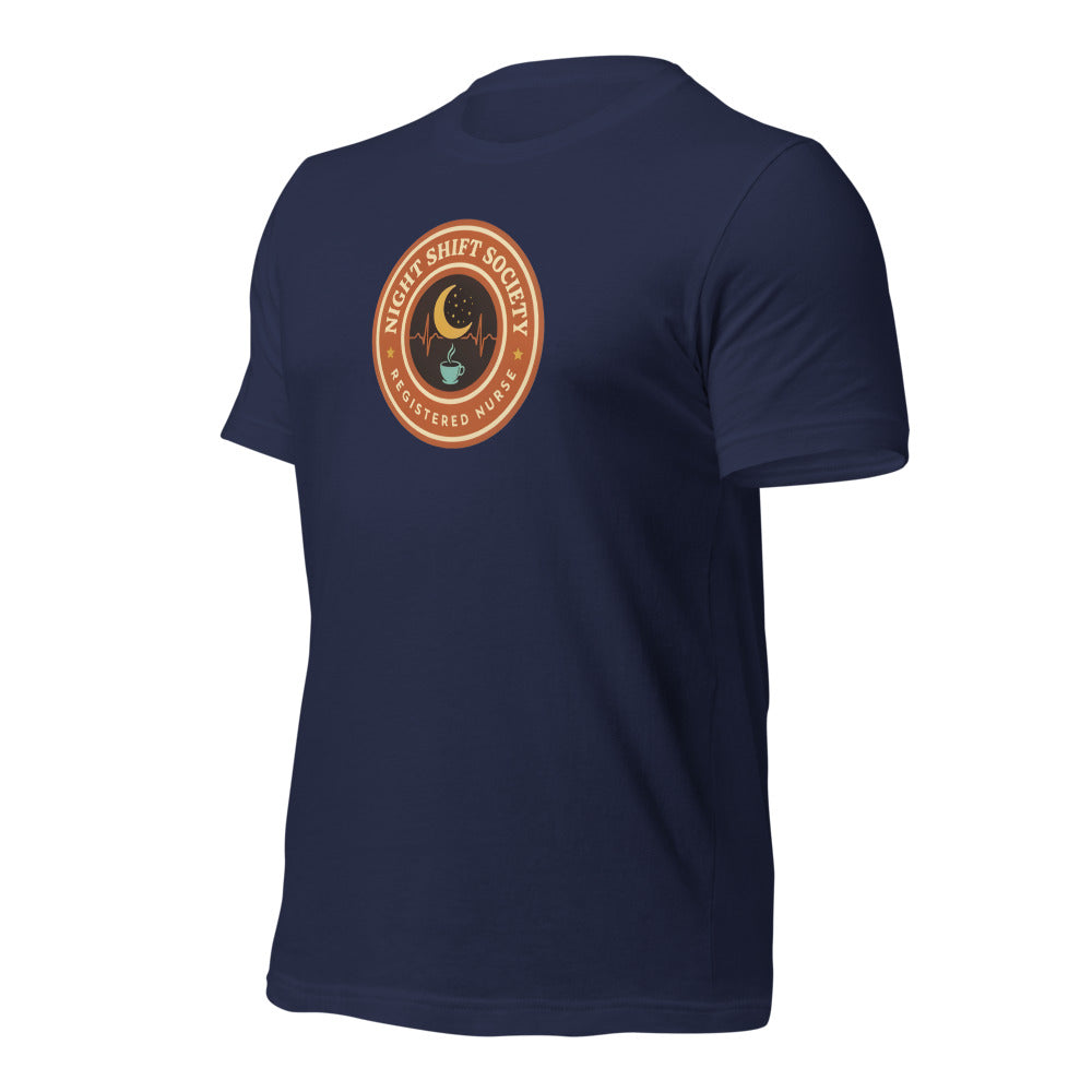 Night Shift Society retro registered nurse badge tee — Navy, front-right