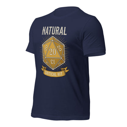 Natural 20 critical hit d20 tabletop RPG tee — Navy, front-right