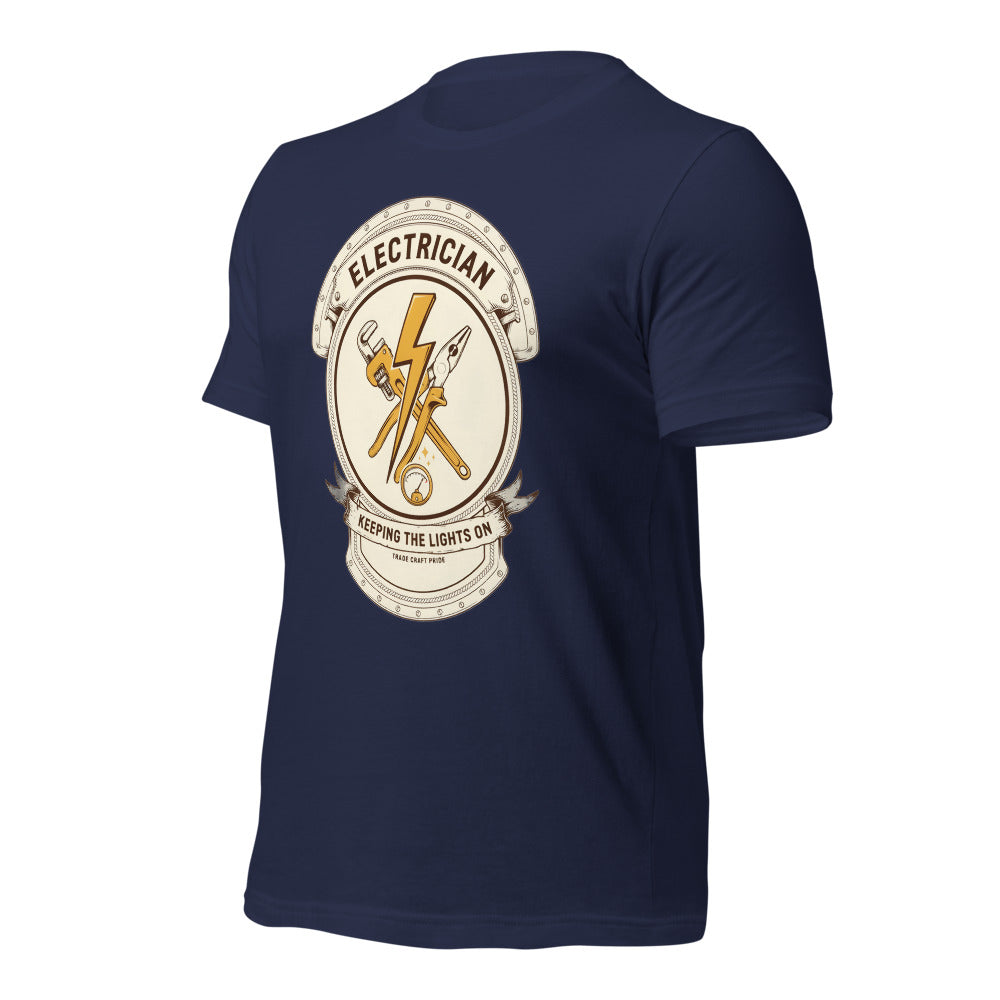 Electrician Journeyman trade crest tee — Navy, front-right