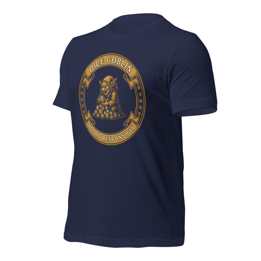 Dice Goblin Hoard Responsibly tabletop RPG tee — Navy, front-right