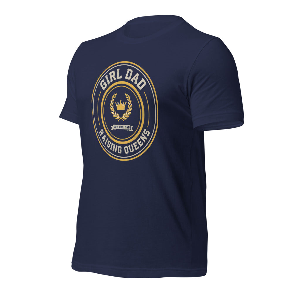 Girl Dad Raising Queens crest tee — Navy, front-right