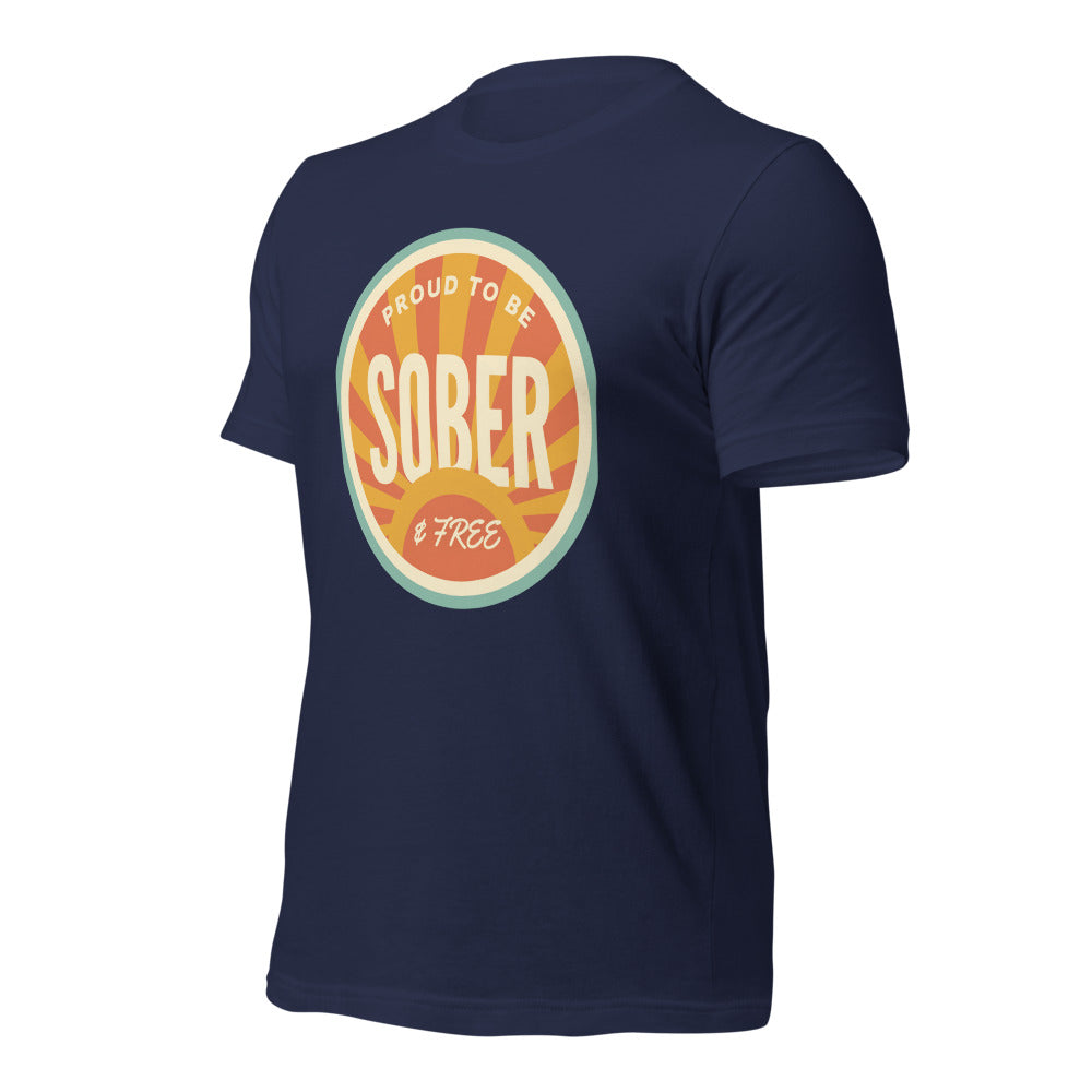 Sober & Proud retro sunburst tee — Navy, front-right