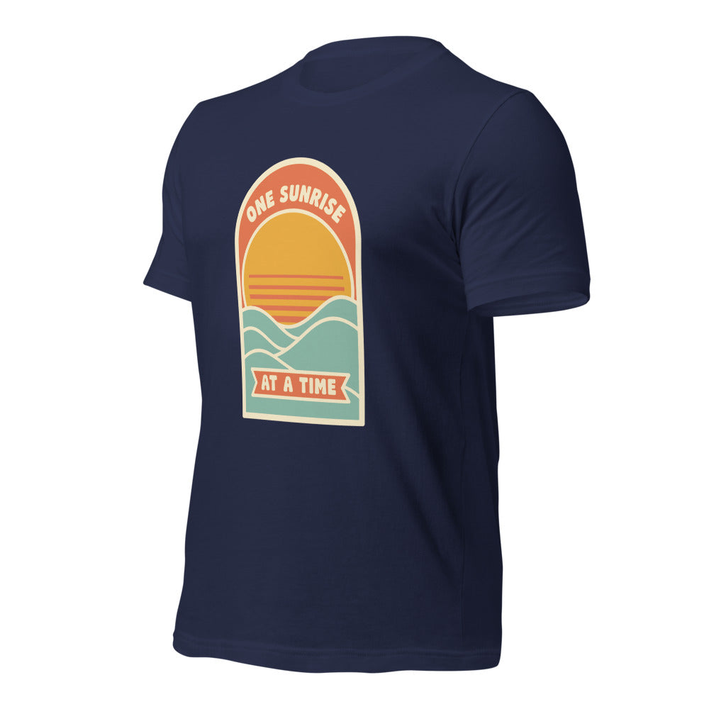 One Sunrise at a Time retro sunrise tee — Navy, front-right