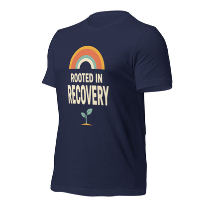 Rooted in Recovery retro rainbow tee — Navy, front-right