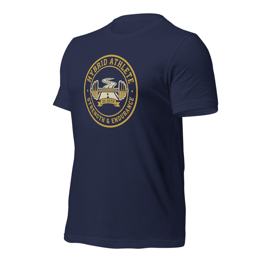 Hybrid Athlete vintage athletic-department crest tee — Navy, front-right