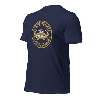 Hybrid Athlete vintage athletic-department crest tee — Navy, front-right