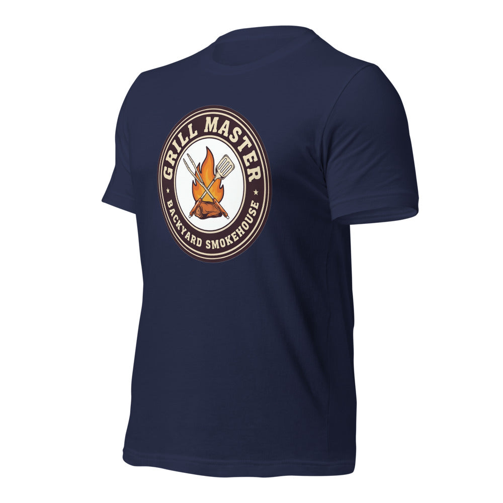 Grill Master retro backyard smokehouse tee — Navy, front-right